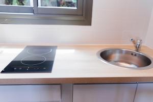 a kitchen counter with a sink and a sink at Bras Lontan in Le Tampon