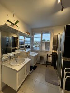 ein großes Bad mit einem Waschbecken und einem Spiegel in der Unterkunft La Maison des Rêves - 8 pers - Centre - Rêve au Mans in Le Mans