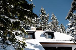 a house covered in snow with trees in the background at Old House - Krvavec ski resort in Cerklje na Gorenjskem