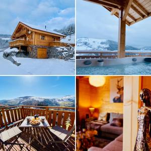 a collage of four pictures of a house at Chalet d'exception, spa et sauna, 4p in La Bresse