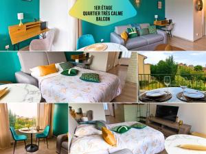 a collage of pictures of a room with two beds and a living room at Le Pic'Vert - Escapade Solo ou Duo - Hôpital à 400m - Parking gratuit - GARE & CENTRE HISTORIQUE 15min à pied - Clim - Balcon au calme in Bergerac