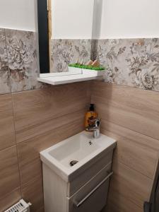 a bathroom with a white sink and a mirror at Touch the Sky in Moieciu de Jos