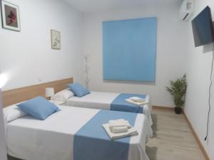 two beds in a room with a large screen at Hostal el Olivo in Mora +11 photos