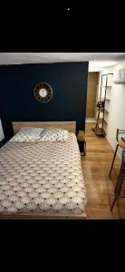a bedroom with a large bed with a blue wall at Beau studio dans le centre de Bourges historique ! in Bourges