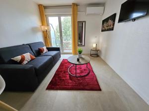 a living room with a blue couch and a red rug at Agréable Studio - Centre ville - Balcon in Toulouse