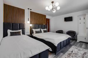 a bedroom with two beds and a chandelier at Pensiunea Adrian in Novaci +87 photos