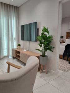 a living room with a tv and a couch and a plant at 222 Terrace Sandton Gate Luxury Apartment in Johannesburg
