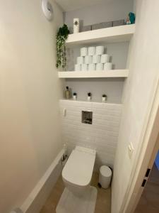 La salle de bains blanche est pourvue de toilettes et d'étagères blanches. dans l'établissement La Résidence Fleurie, vue sur le Lac Léman, à Thonon-les-Bains 17 autres photos