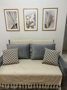 a couch in a room with three pictures on the wall at Novíssimo apt 1 quarto Centro frente à Prefeitura in Nova Friburgo
