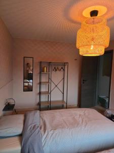 a bedroom with a bed and a chandelier at La maison d'Inès in Nassogne