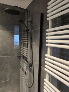 a shower with a glass door in a bathroom at La maison d'Inès in Nassogne +44 photos