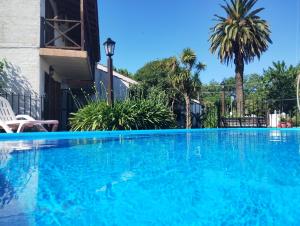 a blue swimming pool with palm trees in the background at Palmeras Apart Hotel in Chascomús