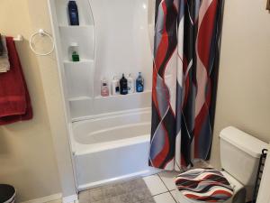 a shower in a bathroom with a shower curtain at Dream Catcher in Truth or Consequences +15 photos