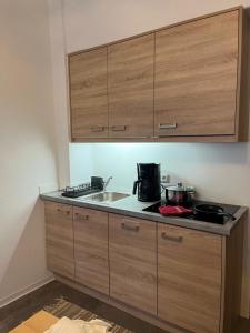 a kitchen with wooden cabinets and a sink at Apartment 6 Große Brüdergasse in Bautzen +8 photos