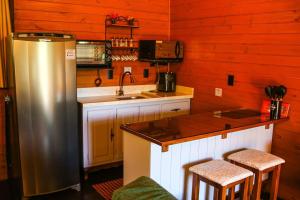 a kitchen with a sink and a refrigerator at Chalé Riozinho in Alfredo Wagner