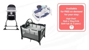 a picture of a baby crib with a sign that reads available for free on demand at #3 - Chic Studio - Self Check in - Plateau - St-Denis - AC - TV in Montréal