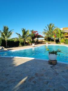 ein großer Swimmingpool mit Palmen im Hintergrund in der Unterkunft Chale Ville Maramar 401 in Luis Correia