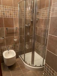 弗拉博萨索普拉纳Appartamento Frabosa的带淋浴、马桶和水槽的浴室