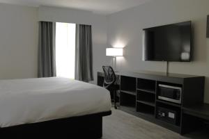 a hotel room with a bed and a flat screen tv at Boarders Inn and Suites by Cobblestone Lamar Missouri in Lamar