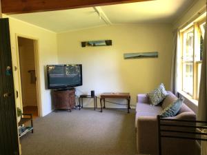 a living room with a couch and a flat screen tv at Poihipi Farm Stay in Marotiri