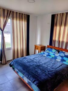 a bedroom with a blue bed and a window at La Casita in Embalse