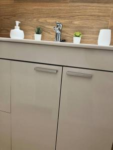 a kitchen counter with white cabinets and a sink at Descanso del GUERRERO in San Miguel de Fluviá