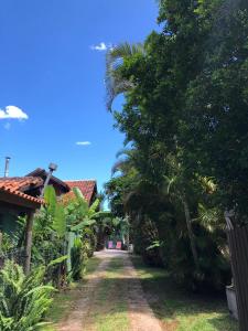 a dirt road with a palm tree next to a house at Casinha Astral - Praia da Ferrugem in Garopaba +47 photos