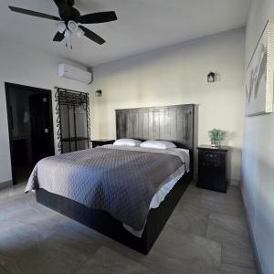 a bedroom with a bed and a ceiling fan at Playas Hotel Suites in Puerto Peñasco +41 photos