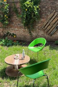 a table and a green chair in the grass at Victoria casa temporario in Santo Tomé