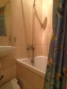 a bathroom with a tub and a toilet and a shower curtain at Apartment Na Gazone in Velikiy Novgorod