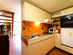 une petite cuisine avec un évier et un réfrigérateur dans l'établissement Duplex T3 6 pers - Saint-Lary-Soulan avec TV, parking, casier à skis - FR-1-457-352, à Saint-Lary-Soulan 3 autres photos