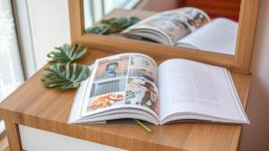 an open book sitting on a shelf with a mirror at Goseong Gamnamu Pension in Goseong +5 photos
