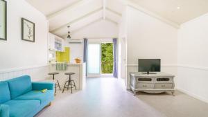 a living room with a blue couch and a tv at yangpyeong beulleosseom pet spa pension in Yangpyeong