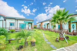 a row of houses with palm trees in the yard at Jeju Kkumkkuneun Jeju Pension in Seogwipo