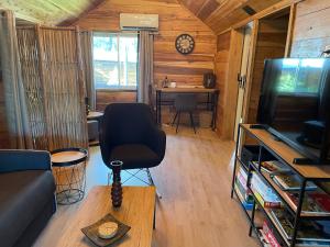 a living room with a couch and a television at chalet atypique in Saint-Pierre