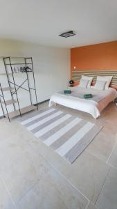 a bedroom with a large bed and an orange wall at Les Jardins Ducarouge 3 climatisé in Digoin