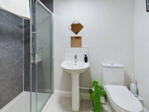 a bathroom with a sink and a toilet and a shower at Trendy 2-Bedroom Belfast Apartment in Belfast
