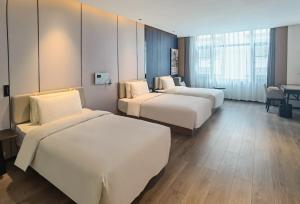 拉萨拉萨布达拉宫广场亚朵酒店的有两张床和一张桌子的酒店房间 更多28张照片