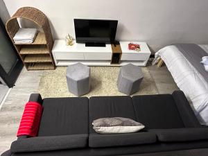 a living room with a couch and a tv at La Casetta, Garden Retreat in Cape Town