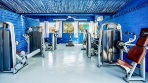 einen Fitnessraum mit Kardiogeräten in einem blauen Raum in der Unterkunft Nicolaus Prime Villas Resort in Costa Rei