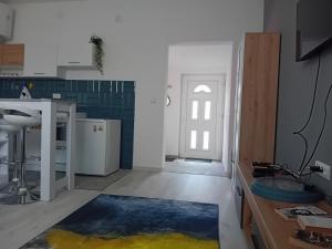 a kitchen with a blue and white at AlejaPark in Železnicka Stanica Inđija Selo +8 photos