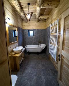 a bathroom with a tub and a sink and a tub at Rucăr Chalet in Rucăr