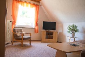 a living room with a tv and a window at Ferienwohnung Zum Wald in Ostseebad Sellin