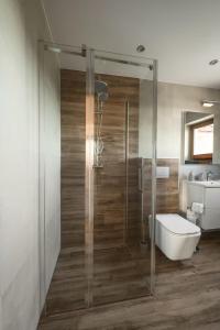 Un baño con ducha, inodoro y lavabo. en Domek pod Herbikiem, en Odrowąż 12 fotos más
