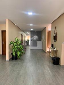 an empty lobby with a potted plant in an office at Pousada Licuri in Ibicoara