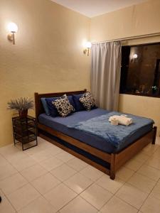 a bedroom with a bed with blue sheets and pillows at Seaput Homes in Ayer Itam