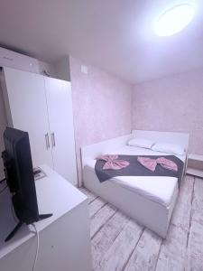 una piccola stanza con due letti e una televisione di Klara central a Constanţa