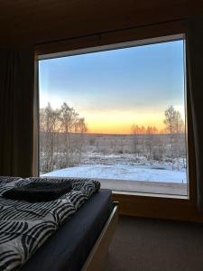 a bed in a room with a large window at Kajo Sky Lodge in Rovaniemi