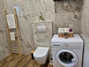 ein Badezimmer mit Waschmaschine und Toilette in der Unterkunft Apartments Josi in Grebaštica