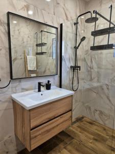 ein Badezimmer mit Waschbecken und Dusche in der Unterkunft Apartments Josi in Grebaštica + 35 Fotos